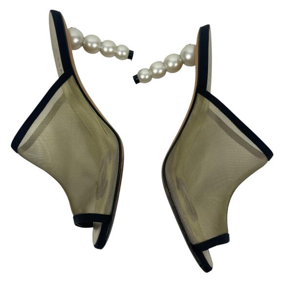 Chanel Mesh Goatskin Pearl Heel Mules Slip On Black Tan Size 37.5C - Picture 7 of 14